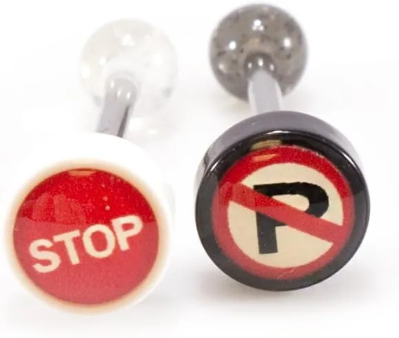 Package of Two Tongue Barbell with Traffic Sign Design, Tongue Ring with Unique Designed Ball.