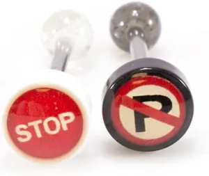 Package of Two Tongue Barbell with Traffic Sign Design, Tongue Ring with Unique Designed Ball.