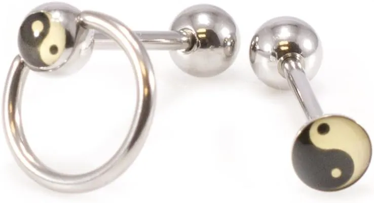 Package of Two Tongue Barbell Ying Yang Design, Tongue Ring with Unique Designed Balls.