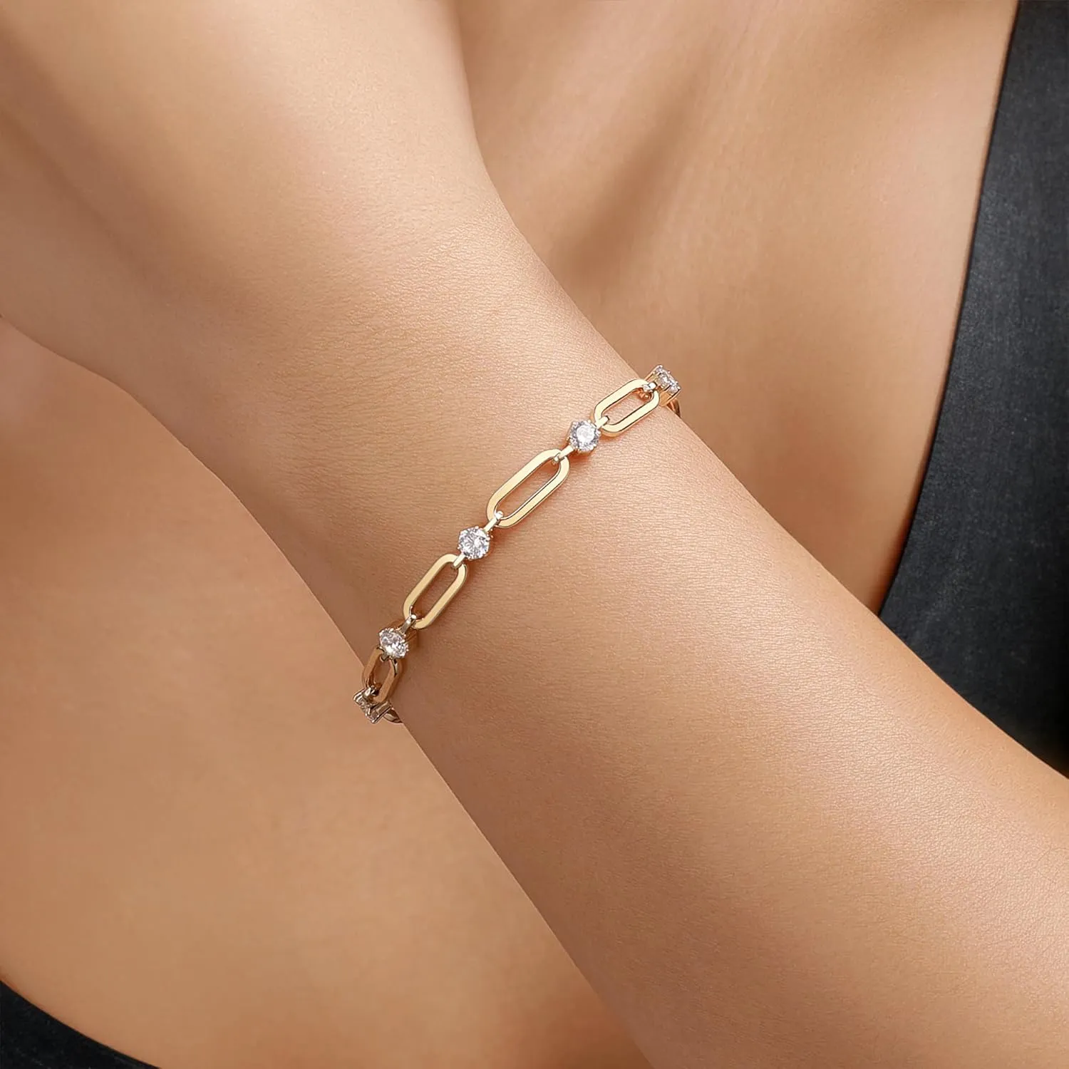 Paperclip Bracelet for Women Couple Bracelets with CZ Chain Strand Jewelry Gift for Girls