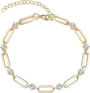 Paperclip Bracelet for Women Couple Bracelets with CZ Chain Strand Jewelry Gift for Girls