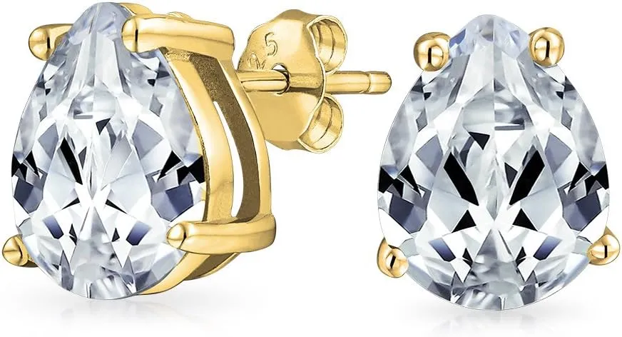 Pear Shape Cubic Zirconia Brilliant Cut AAA CZ Solitaire Teardrop Stud Earrings For Women Yellow 14K Gold Plated .925 Sterling Silver 6 7 8 9MM
