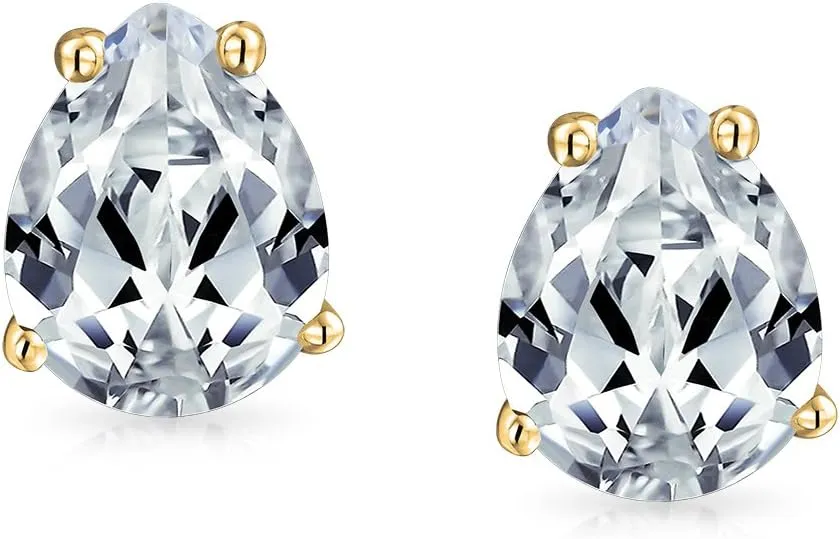 Pear Shape Cubic Zirconia Brilliant Cut AAA CZ Solitaire Teardrop Stud Earrings For Women Yellow 14K Gold Plated .925 Sterling Silver 6 7 8 9MM