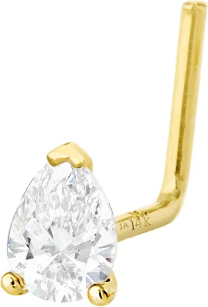 Pear Shape Moissanite 14K Gold L-shape Nose Stud 22G L-bend Nose Ring Stud V-prong set Teardrop Gemstone Unisex Stud
