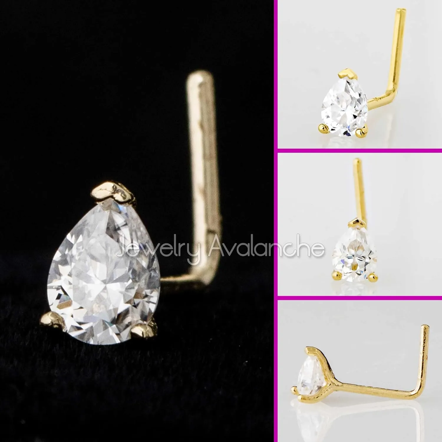 Pear Shape Moissanite 14K Gold L-shape Nose Stud 22G L-bend Nose Ring Stud V-prong set Teardrop Gemstone Unisex Stud