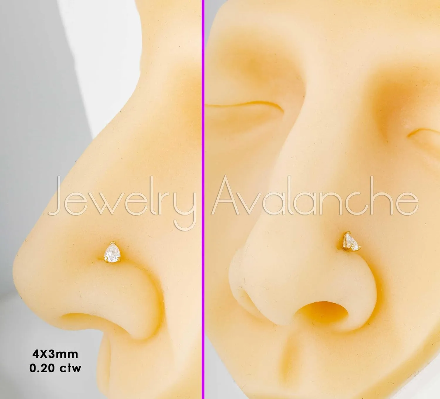 Pear Shape Moissanite 14K Gold L-shape Nose Stud 22G L-bend Nose Ring Stud V-prong set Teardrop Gemstone Unisex Stud