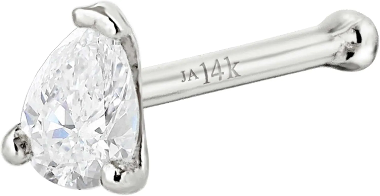 Pear Shape Moissanite 14K Gold Nose Bone Stud 22G Ball-end Nose Ring Stud V-prong set Teardrop Gemstone Unisex Stud