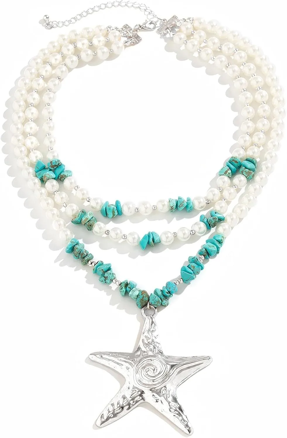 Pearl Beaded Starfish Pendent Necklace Turquoise Mermaid Chunky Multilayer Necklace Summer Beach Jewelry for Women