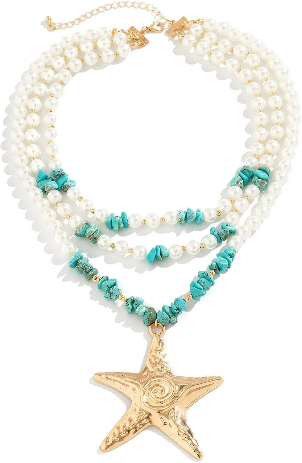 Pearl Beaded Starfish Pendent Necklace Turquoise Mermaid Chunky Multilayer Necklace Summer Beach Jewelry for Women