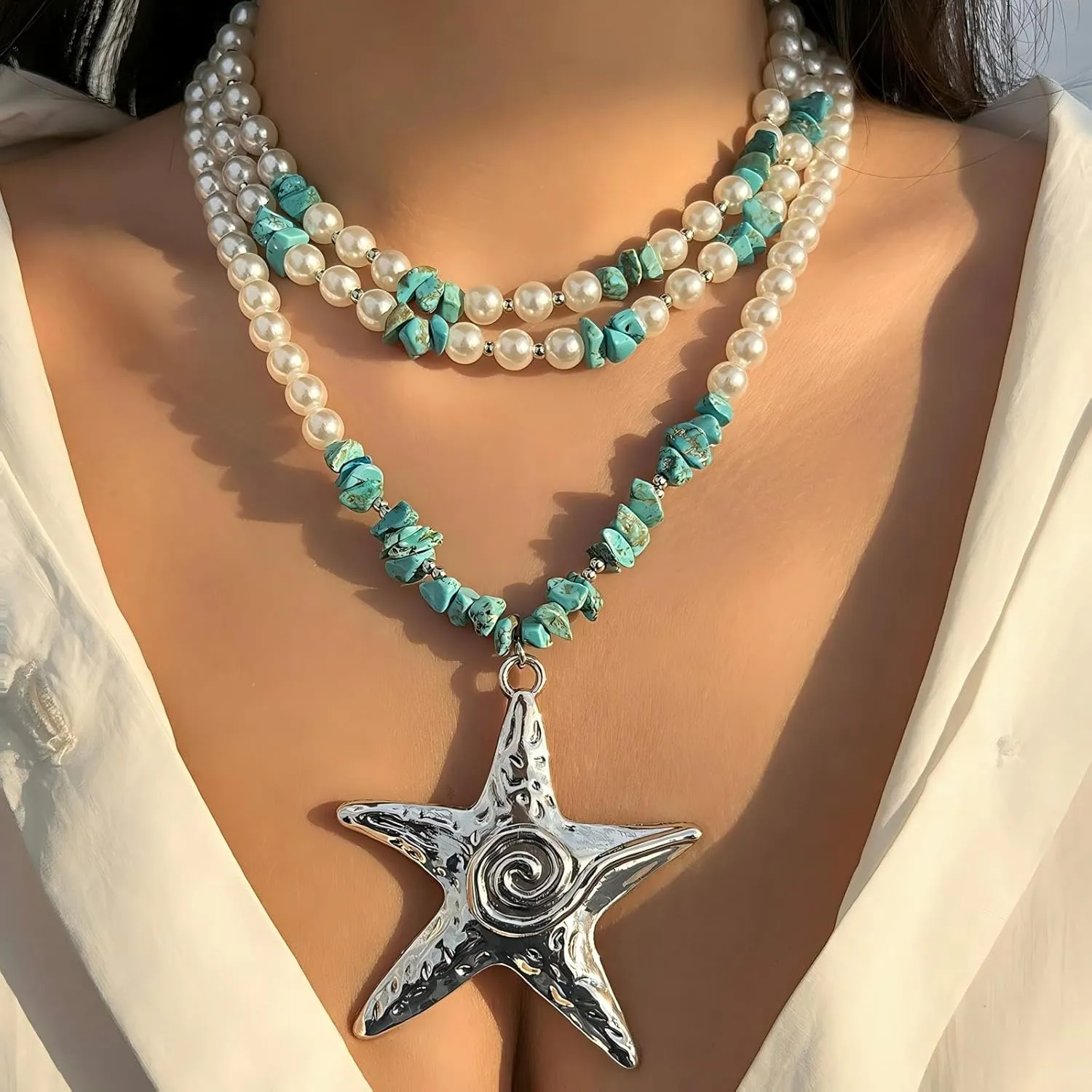Pearl Beaded Starfish Pendent Necklace Turquoise Mermaid Chunky Multilayer Necklace Summer Beach Jewelry for Women
