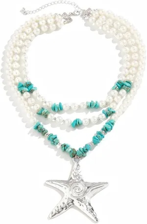 Pearl Beaded Starfish Pendent Necklace Turquoise Mermaid Chunky Multilayer Necklace Summer Beach Jewelry for Women