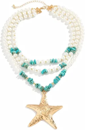 Pearl Beaded Starfish Pendent Necklace Turquoise Mermaid Chunky Multilayer Necklace Summer Beach Jewelry for Women
