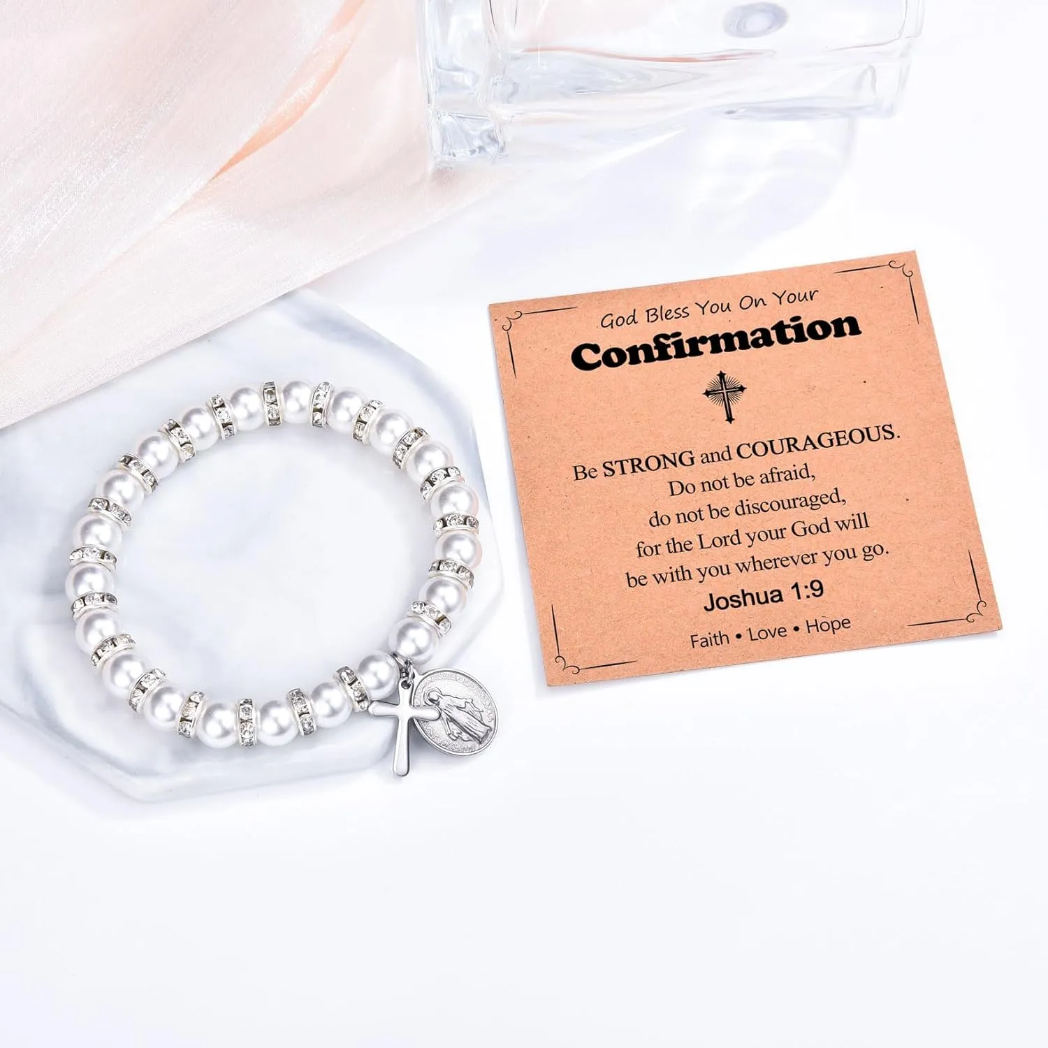 Pearl Cross Charm Bracelet for Girls, Baptism First Communion Easter Confirmation Gifts for Teens Girls Kids, Catholic Religious Christian Jewelry for Teens Goddaughter