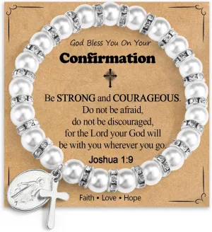 Pearl Cross Charm Bracelet for Girls, Baptism First Communion Easter Confirmation Gifts for Teens Girls Kids, Catholic Religious Christian Jewelry for Teens Goddaughter
