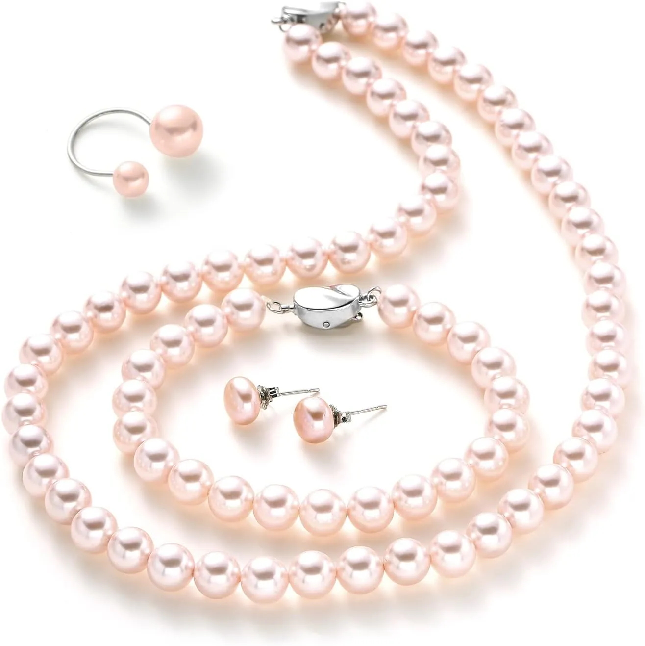 Pearl Jewelry Set for Women, Complete Set Includes Necklace, Bracelet, Earrings - Fashion Pearl Jewelry with Box for Wife, Mom, Sister, Bride, Bridesmaid