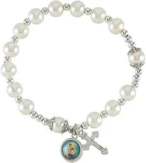 Pearl Rosary Bracelet with Mary and Cross Charms, 7.5 Inches Stretchable, Religious Catholic Prayer Beads