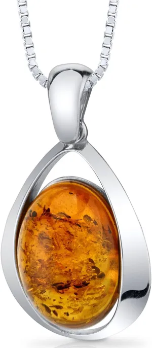 PEORA Genuine Baltic Amber Pendant Necklace, Earrings and Bracelet, Sterling Silver, Floating Oval Shape Design, Cognac Color, 100% Natural from Baltic Region, Real Baltic Amber Jewelry for Adults