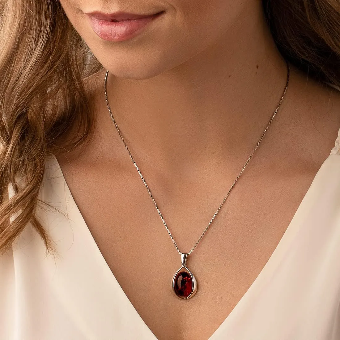 PEORA Genuine Baltic Amber Pendant Necklace, Earrings and Bracelet, Sterling Silver, Floating Oval Shape Design, Cognac Color, 100% Natural from Baltic Region, Real Baltic Amber Jewelry for Adults