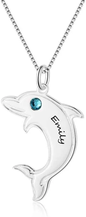 Personalized Happy Jumping Dolphin Pendant Simulated Birthstone Necklace Engraved Name Couple Pendant Necklaces for Women