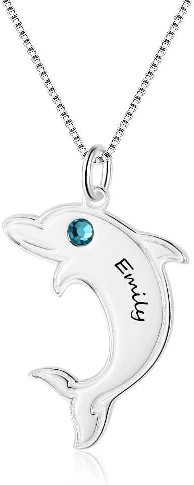 Personalized Happy Jumping Dolphin Pendant Simulated Birthstone Necklace Engraved Name Couple Pendant Necklaces for Women