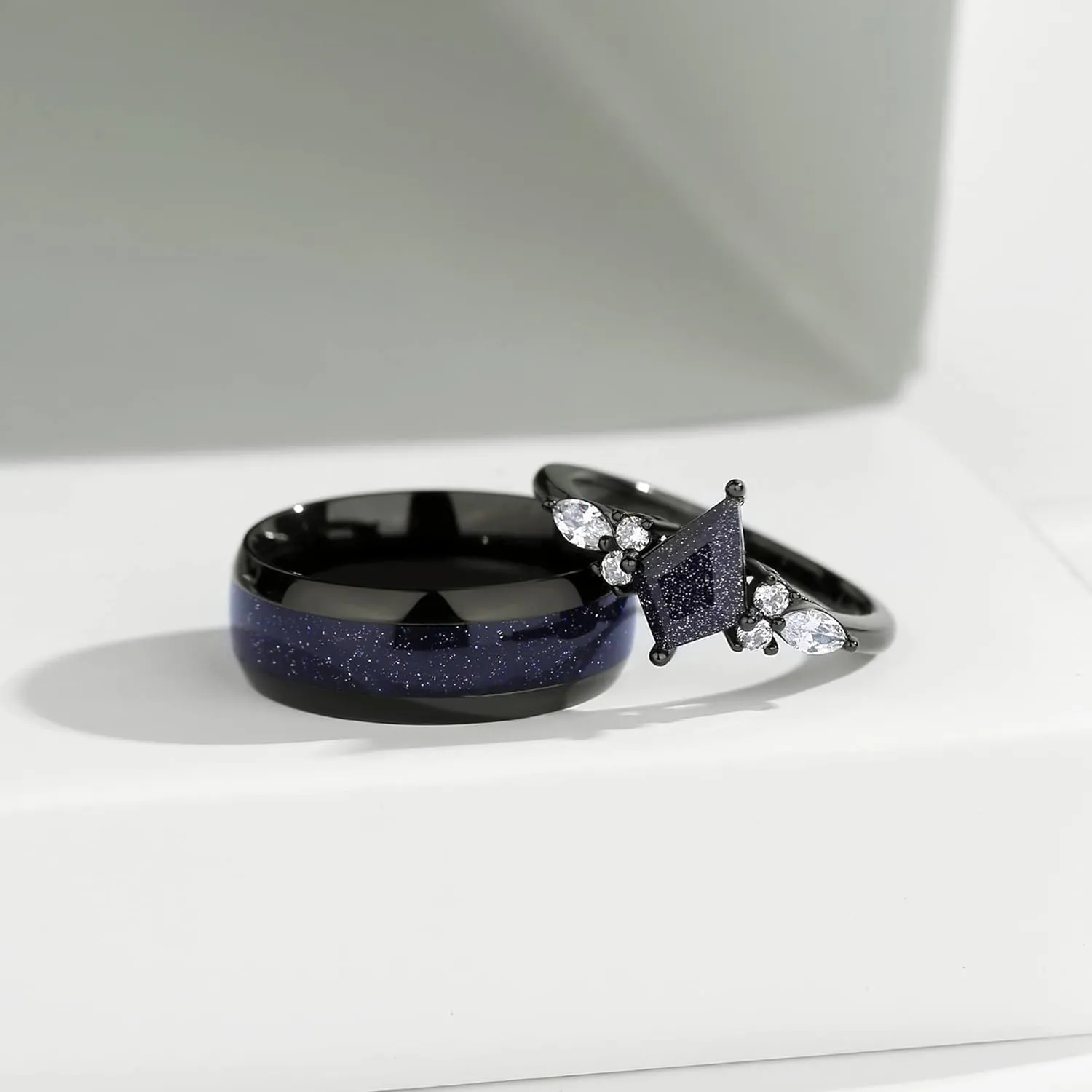 Personalized Promise Rings for Couples, Black Matching Rings for Couples, Engraved Kite Cut Shaped Blue Sandstone Ring, Custom Matching Couple Rings Set, His and Her Engagement Ring for Couples