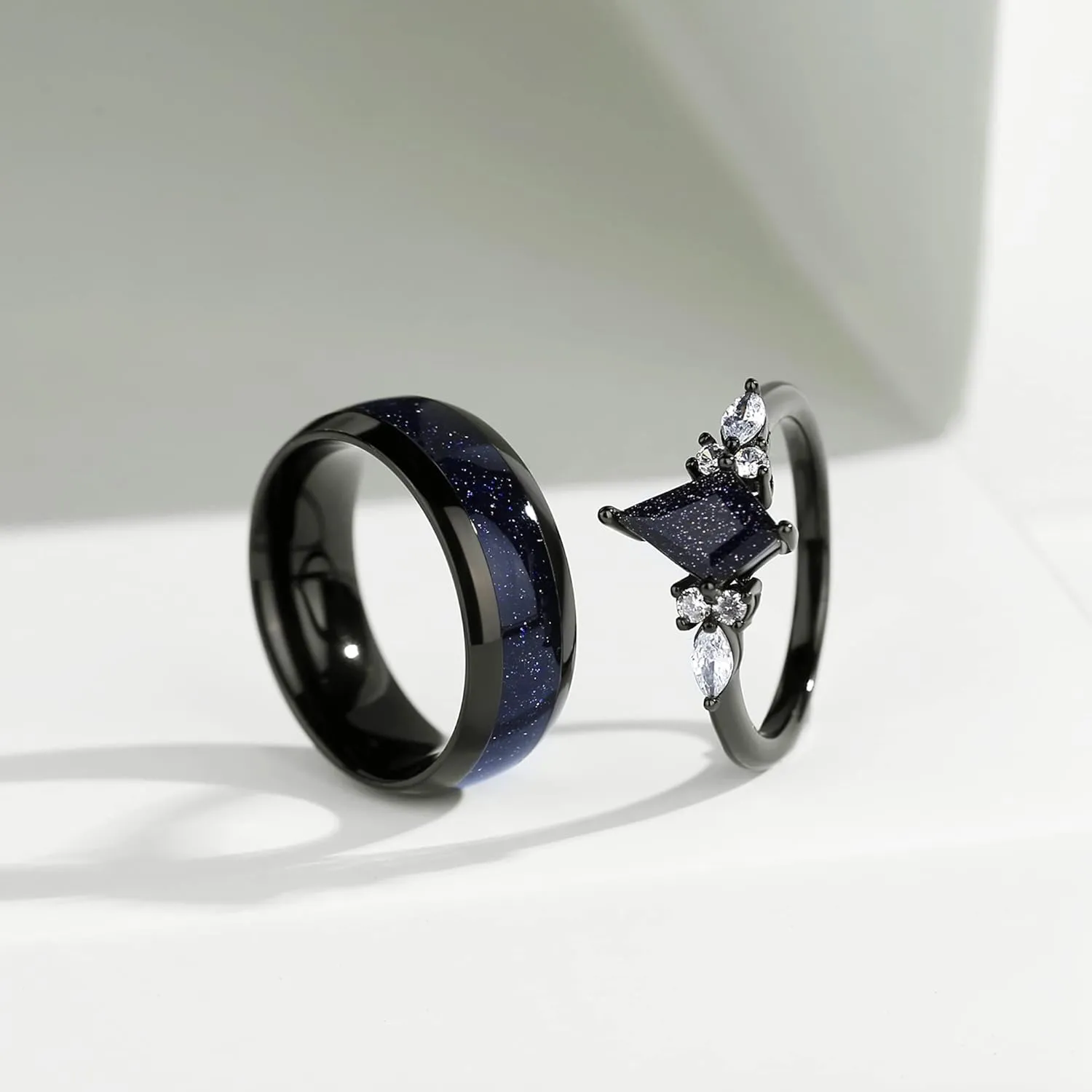 Personalized Promise Rings for Couples, Black Matching Rings for Couples, Engraved Kite Cut Shaped Blue Sandstone Ring, Custom Matching Couple Rings Set, His and Her Engagement Ring for Couples