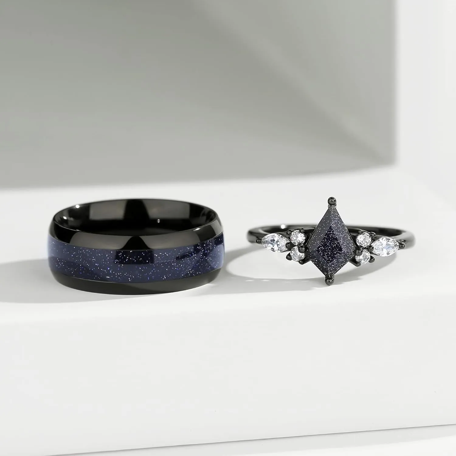 Personalized Promise Rings for Couples, Black Matching Rings for Couples, Engraved Kite Cut Shaped Blue Sandstone Ring, Custom Matching Couple Rings Set, His and Her Engagement Ring for Couples