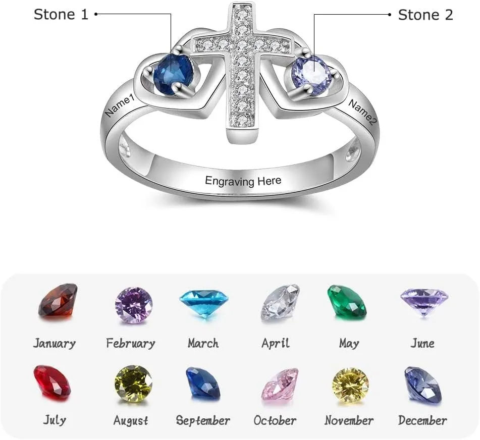 Personalized Promise Rings For HerCustom Couples Name Ring W/ 2 Simulated BirthstonesMother Rings- Stunning Sterling Silver Engagement And Wedding BandsValentine's Day Gift For Women. Sparkling Cubic