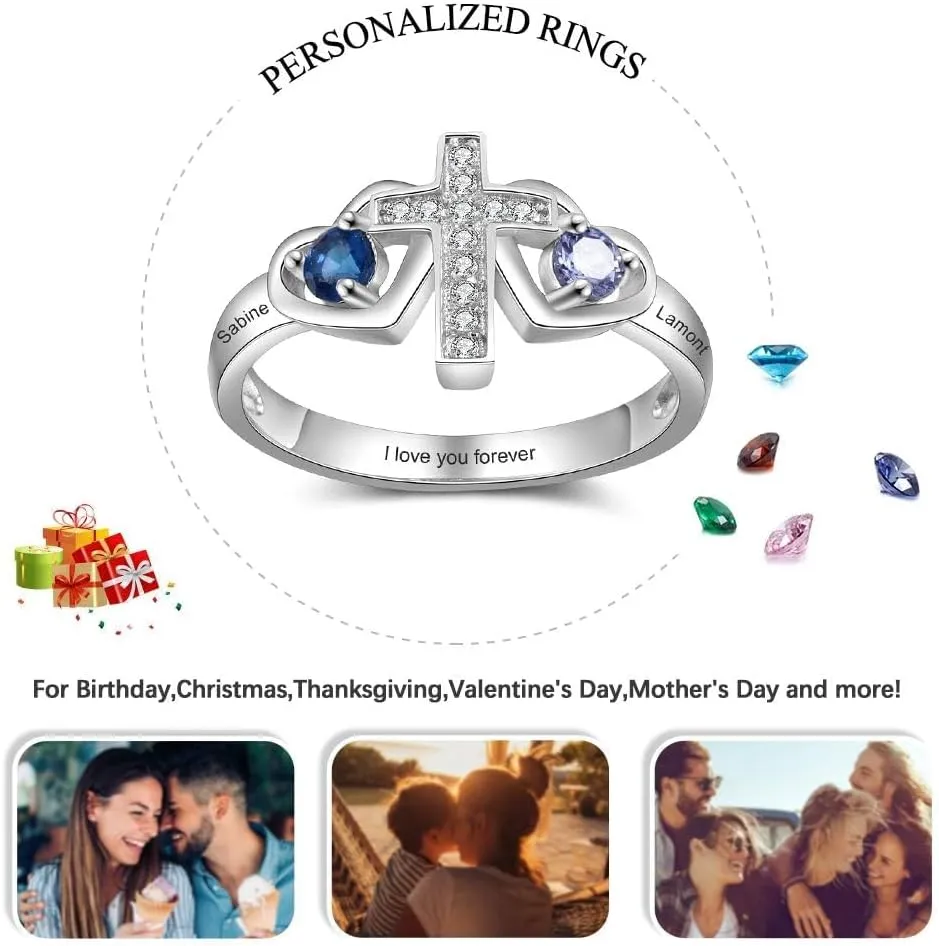 Personalized Promise Rings For HerCustom Couples Name Ring W/ 2 Simulated BirthstonesMother Rings- Stunning Sterling Silver Engagement And Wedding BandsValentine's Day Gift For Women. Sparkling Cubic