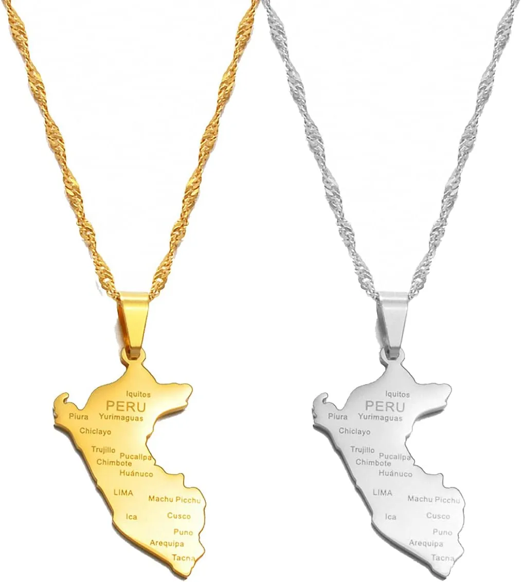 Peru Map Wity City Name Pendant Necklace Men Map Peru Stainless Steel Necklace