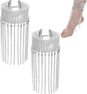 PH PandaHall 2pcs Rhinestone Ankle Bracelets Crystal Dangle Anklet Tassel Diamond Chain Anklet Glitter Tennis Foot Chain Crystal Fringe Anklet for Women Parties Wedding Jewerly Accessories
