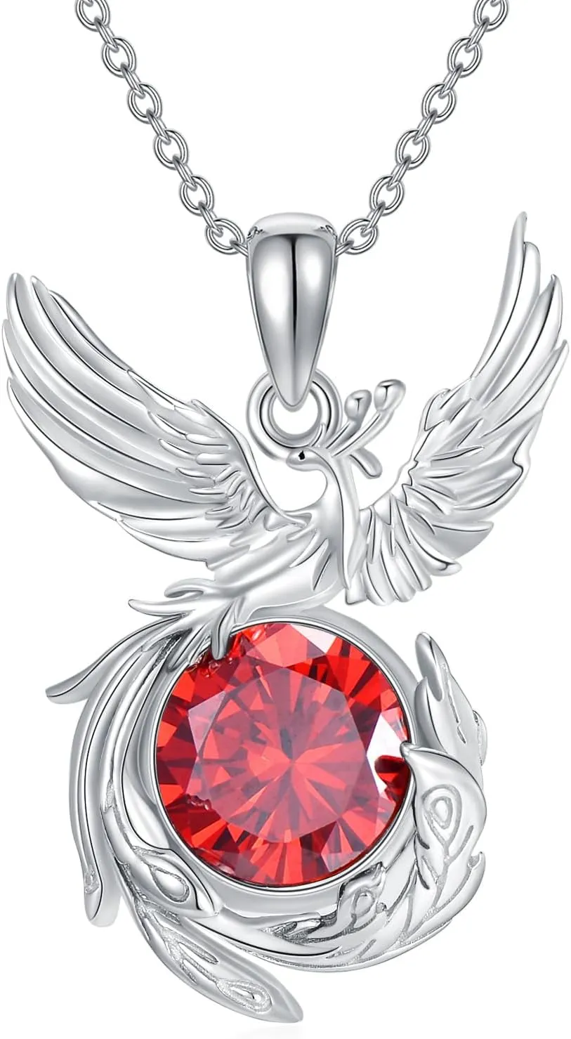 Phoenix Necklace with Garnet Crystal 925 Sterling Silver Rising Phoenix Pendant Necklaces Jewelry for Women