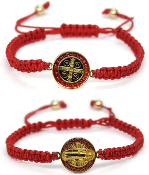 Pingyongchang 2Pcs Catholic Saint Benedict Medal Bracelet Adjustable Braided String Matching Bracelets Handmade Protection Pray Inspirational Religious Jewelry Gifts for Women Men