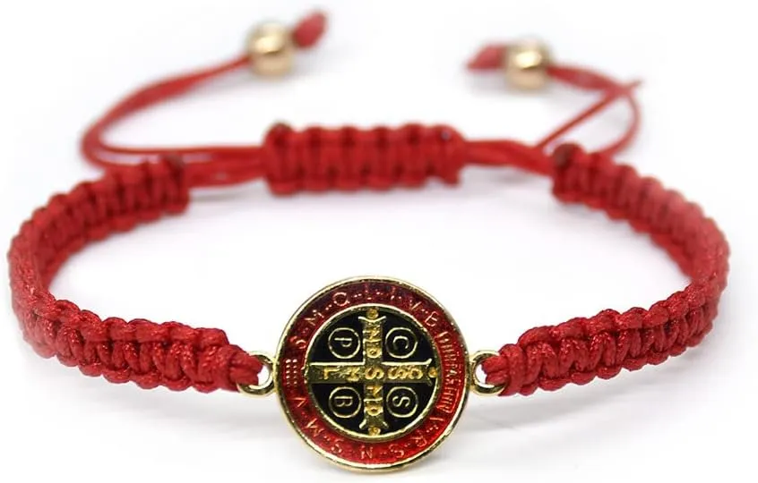 Pingyongchang 2Pcs Catholic Saint Benedict Medal Bracelet Adjustable Braided String Matching Bracelets Handmade Protection Pray Inspirational Religious Jewelry Gifts for Women Men