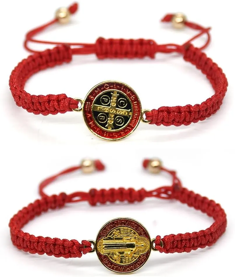 Pingyongchang 2Pcs Catholic Saint Benedict Medal Bracelet Adjustable Braided String Matching Bracelets Handmade Protection Pray Inspirational Religious Jewelry Gifts for Women Men