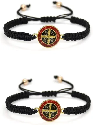 Pingyongchang 2Pcs Catholic Saint Benedict Medal Bracelet Adjustable Braided String Matching Bracelets Handmade Protection Pray Inspirational Religious Jewelry Gifts for Women Men