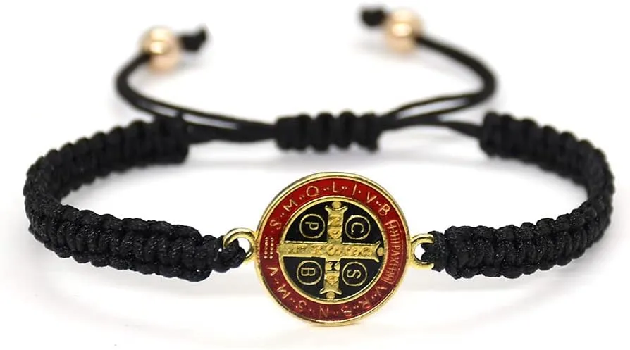 Pingyongchang 2Pcs Catholic Saint Benedict Medal Bracelet Adjustable Braided String Matching Bracelets Handmade Protection Pray Inspirational Religious Jewelry Gifts for Women Men
