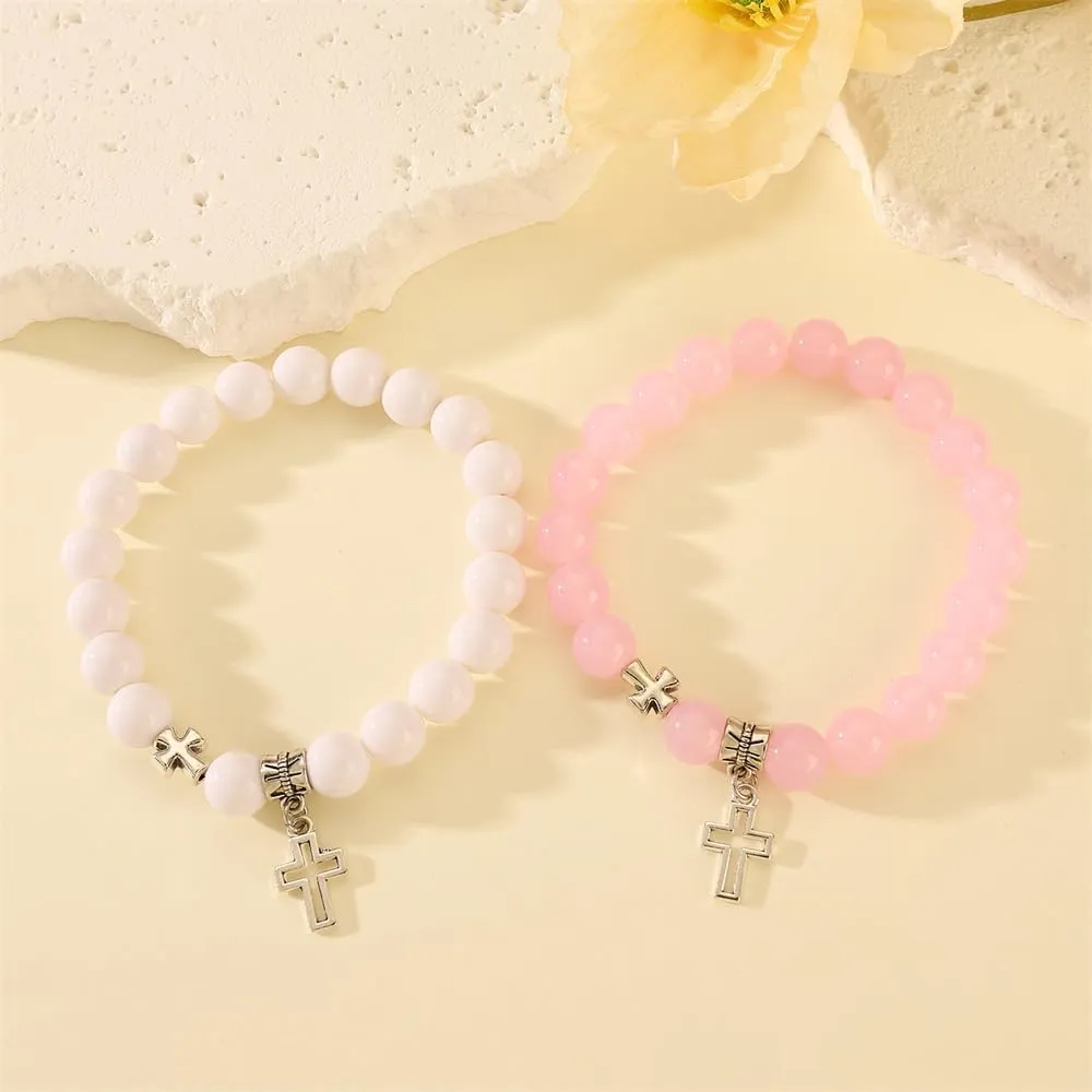 Pingyongchang Handmade Hollow Cross Beaded Couple Bracelets Friendship Matching Stretch Charm Bracelets Best Friends Trendy Christian Jewelry Gifts for Women Men
