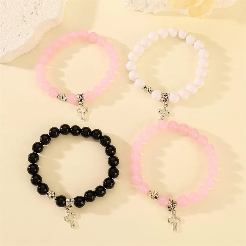 Pingyongchang Handmade Hollow Cross Beaded Couple Bracelets Friendship Matching Stretch Charm Bracelets Best Friends Trendy Christian Jewelry Gifts for Women Men