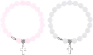 Pingyongchang Handmade Hollow Cross Beaded Couple Bracelets Friendship Matching Stretch Charm Bracelets Best Friends Trendy Christian Jewelry Gifts for Women Men