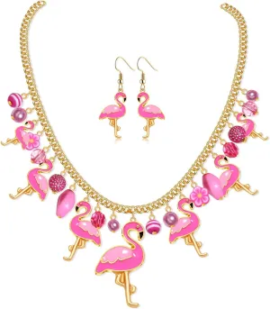 Pink Flamingo Necklace Earrings Set for Women Funny Animal Tropical Bird Choker Collar Necklaces Flamingo Dangle Earrings Hawaii Summer Beach Vacation Jewelry Set