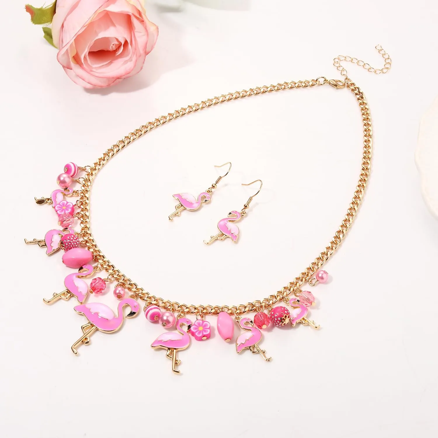 Pink Flamingo Necklace Earrings Set for Women Funny Animal Tropical Bird Choker Collar Necklaces Flamingo Dangle Earrings Hawaii Summer Beach Vacation Jewelry Set