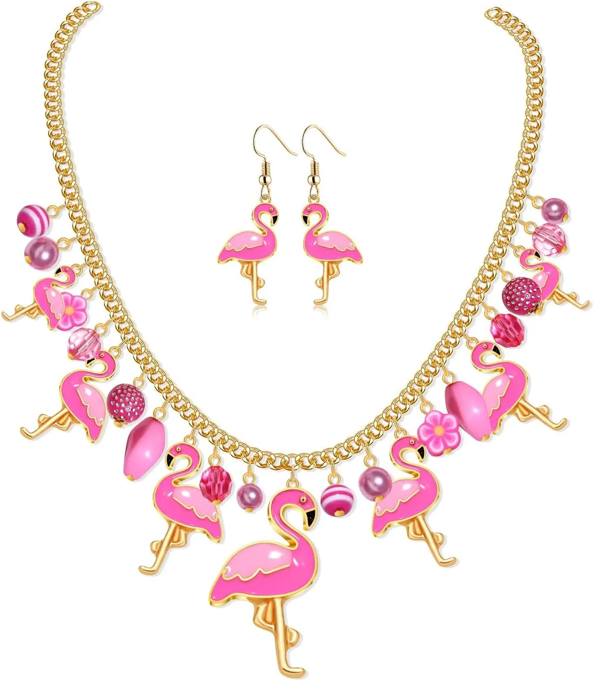 Pink Flamingo Necklace Earrings Set for Women Funny Animal Tropical Bird Choker Collar Necklaces Flamingo Dangle Earrings Hawaii Summer Beach Vacation Jewelry Set