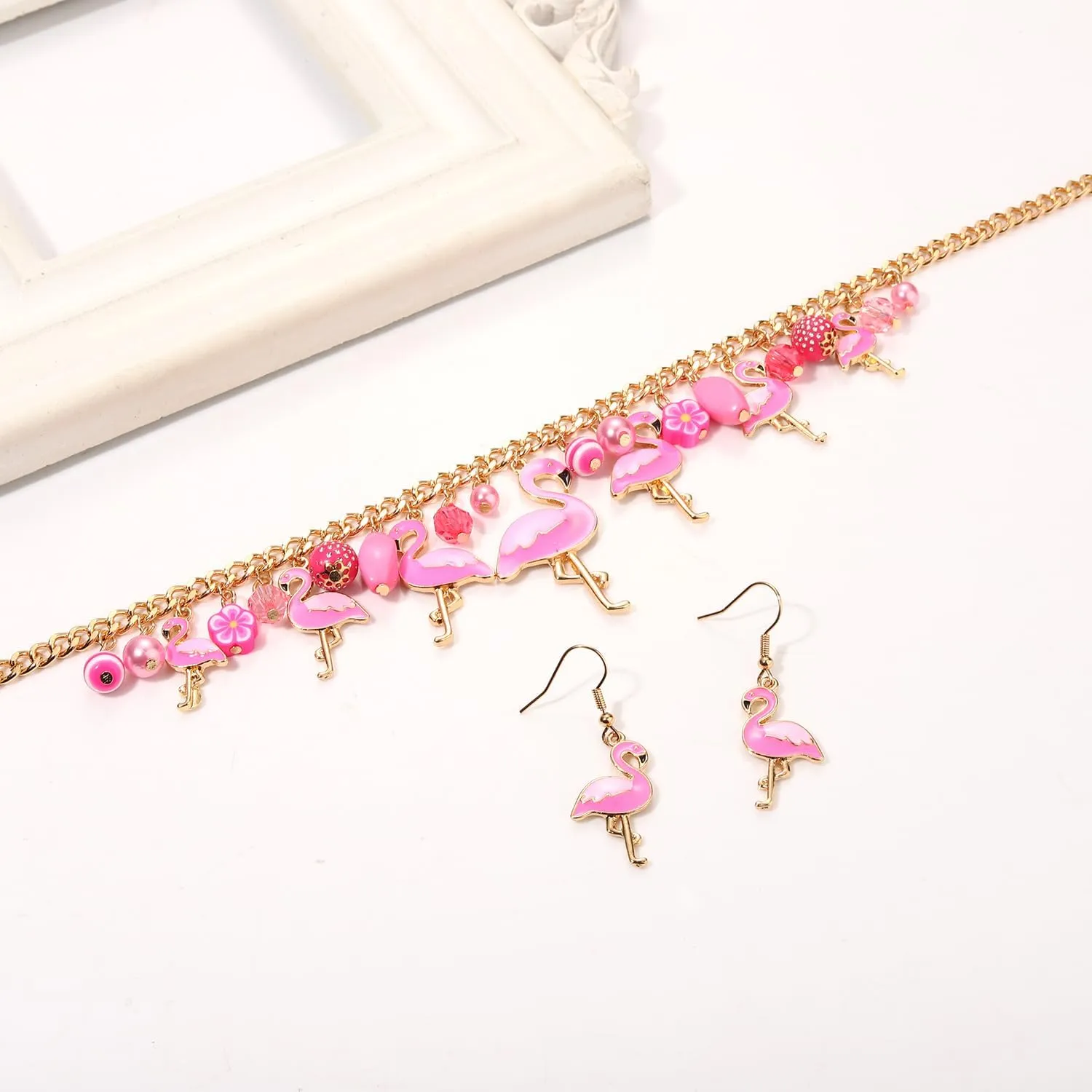 Pink Flamingo Necklace Earrings Set for Women Funny Animal Tropical Bird Choker Collar Necklaces Flamingo Dangle Earrings Hawaii Summer Beach Vacation Jewelry Set