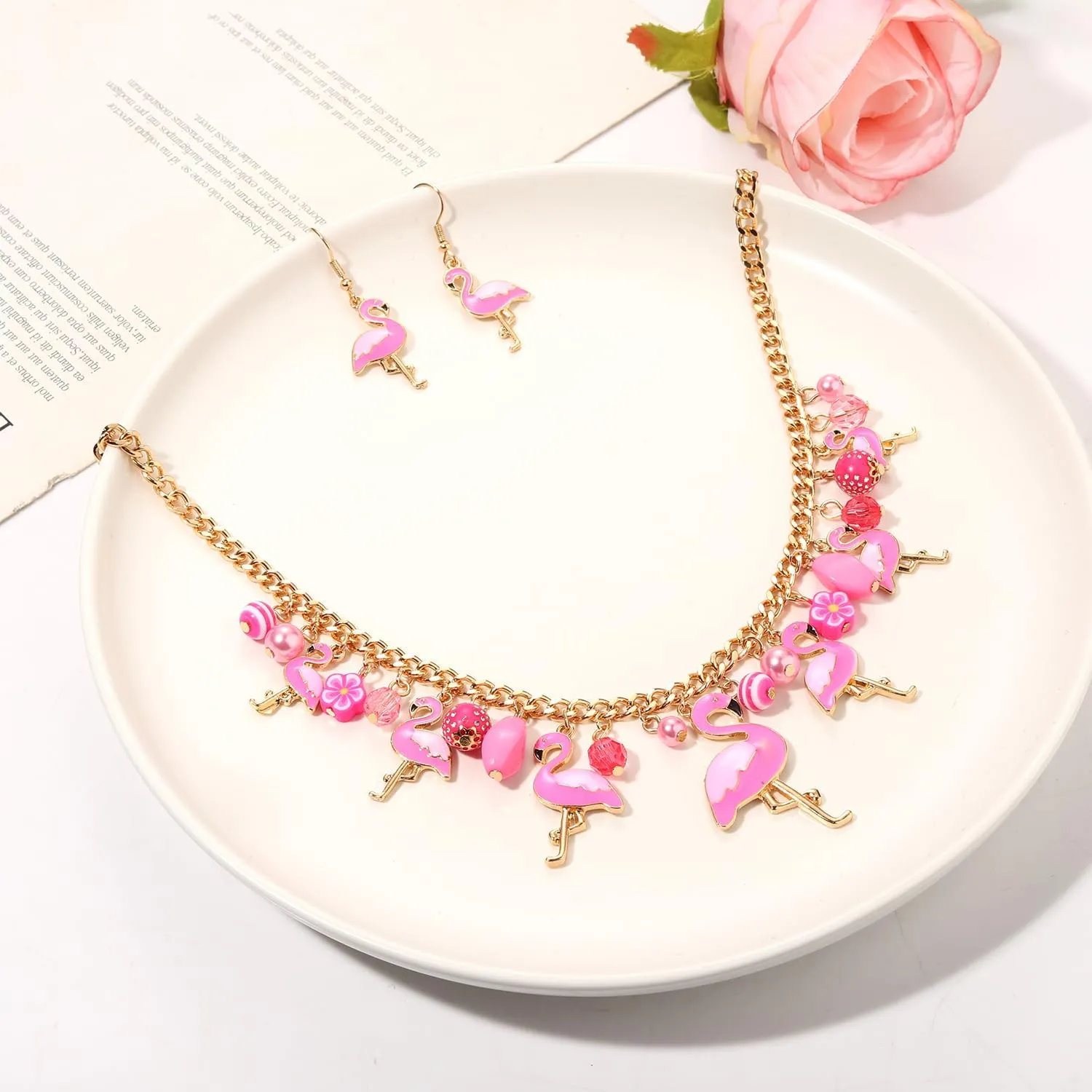 Pink Flamingo Necklace Earrings Set for Women Funny Animal Tropical Bird Choker Collar Necklaces Flamingo Dangle Earrings Hawaii Summer Beach Vacation Jewelry Set