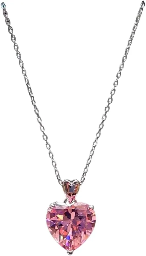 Pink Heart Necklace | 5 Carat Created Pink Heart Necklace For Women | Pink Diamond Necklace Genuine 925 Silver Non Tarnish Hypoallergenic 18 Inches