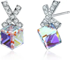 Platinum-Plated Cube Stud Earrings Made with Crystals from Austria