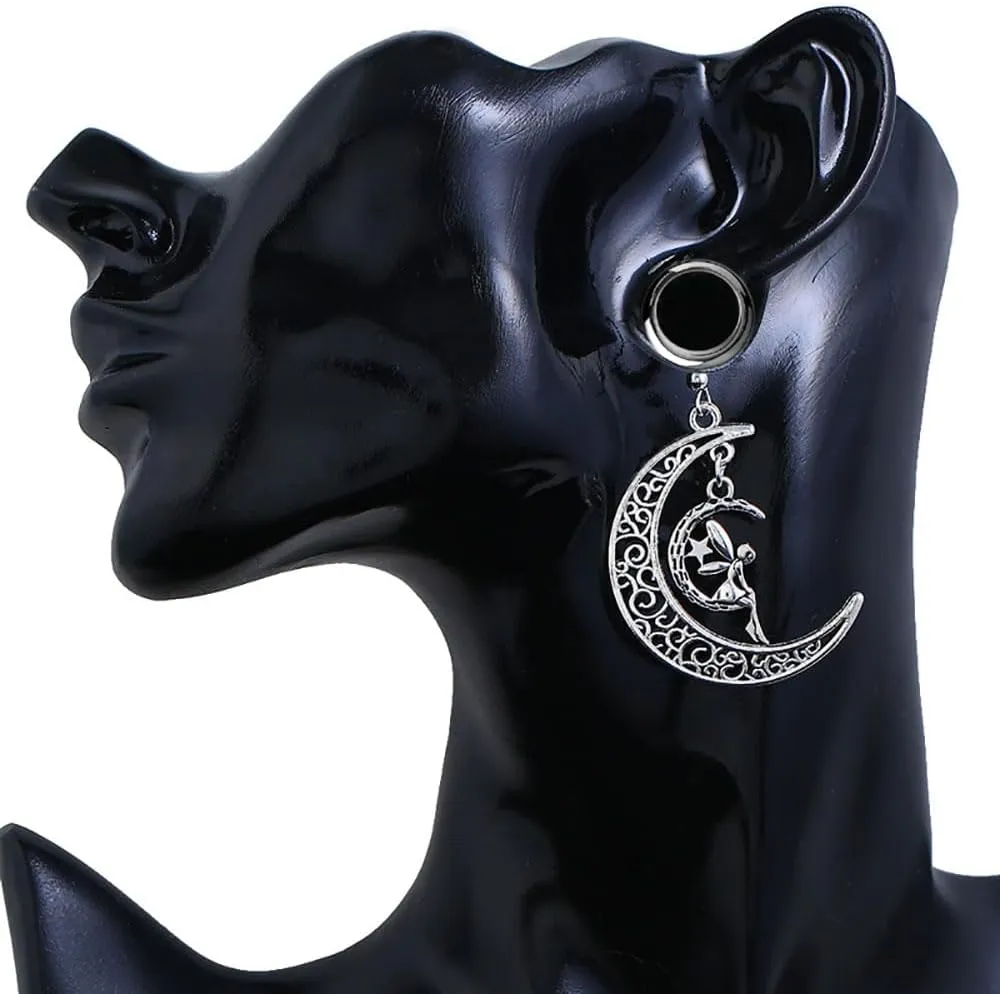 Plugs For Ears,Ear Tunnels1 Pair Moon Fairy Ear Gauges Dangle Ear Plugs Tunnels Hypoallergenic Stainless Steel Ear Expander Body Piercing Jewelry for Women