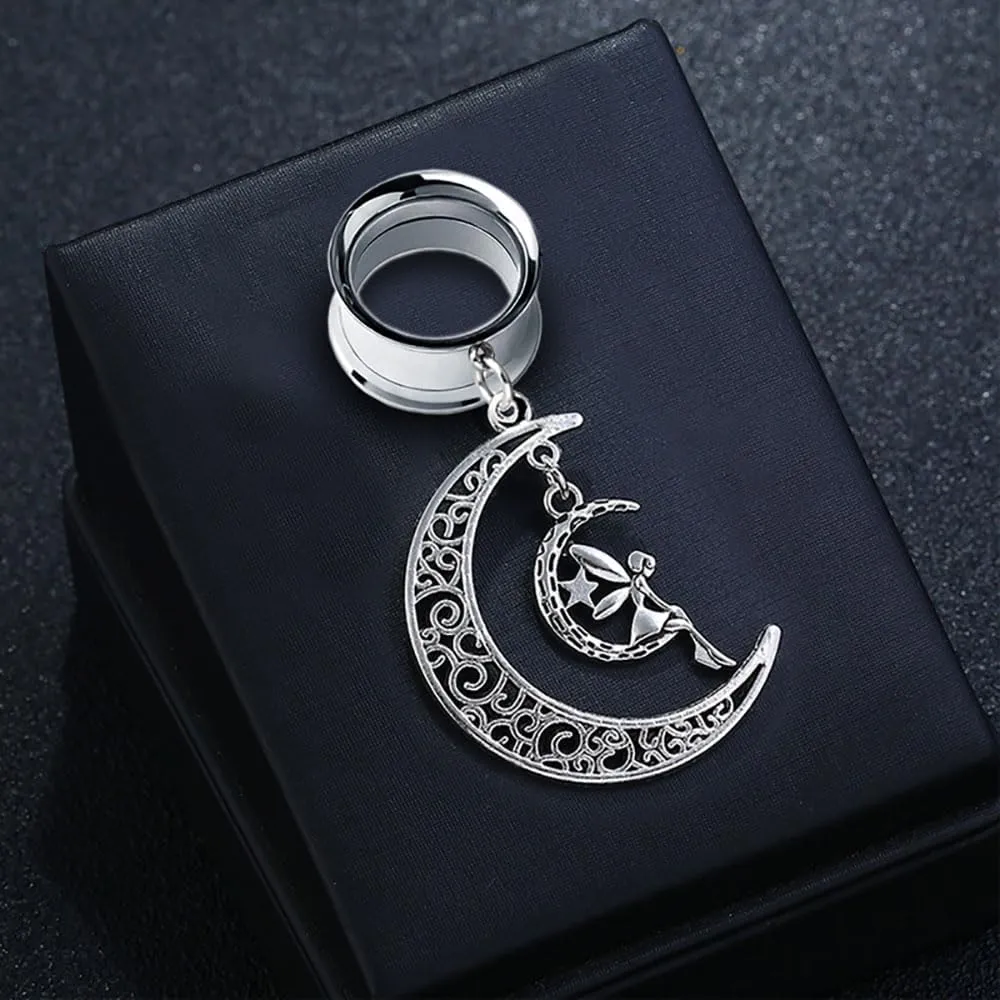 Plugs For Ears,Ear Tunnels1 Pair Moon Fairy Ear Gauges Dangle Ear Plugs Tunnels Hypoallergenic Stainless Steel Ear Expander Body Piercing Jewelry for Women