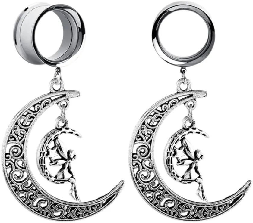 Plugs For Ears,Ear Tunnels1 Pair Moon Fairy Ear Gauges Dangle Ear Plugs Tunnels Hypoallergenic Stainless Steel Ear Expander Body Piercing Jewelry for Women